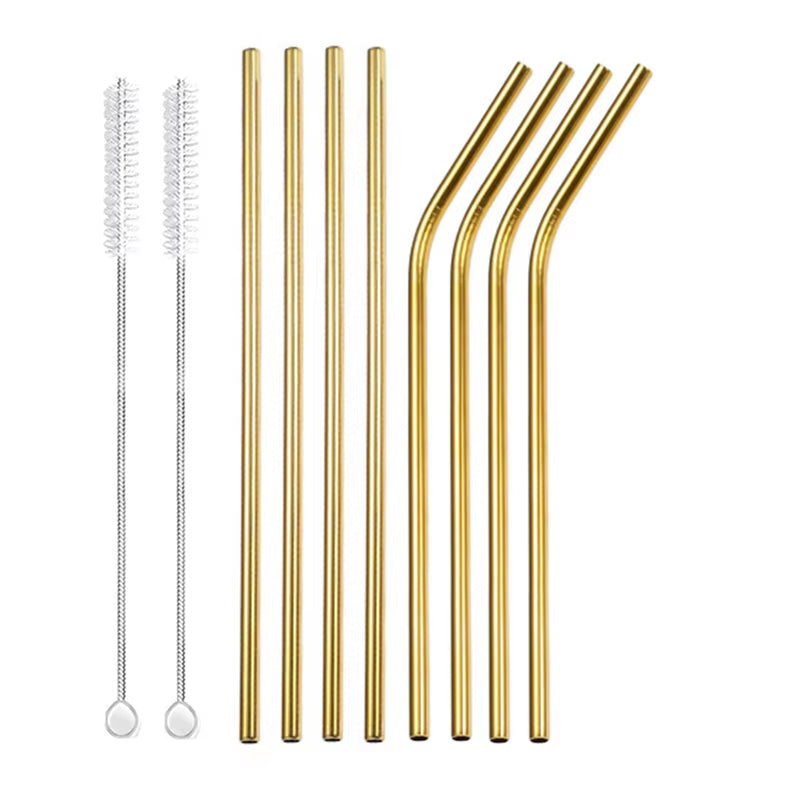 Eco-Friendly 8-Pack Stainless Steel Drinking Straws with Cleaning Brushes - Perfect for Cocktails and Bars!