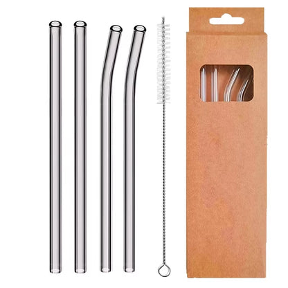 Set of 4 Eco-Friendly Reusable Glass Drinking Straws - 8mm Straight & Bent for Cocktails, Milk, and Coffee