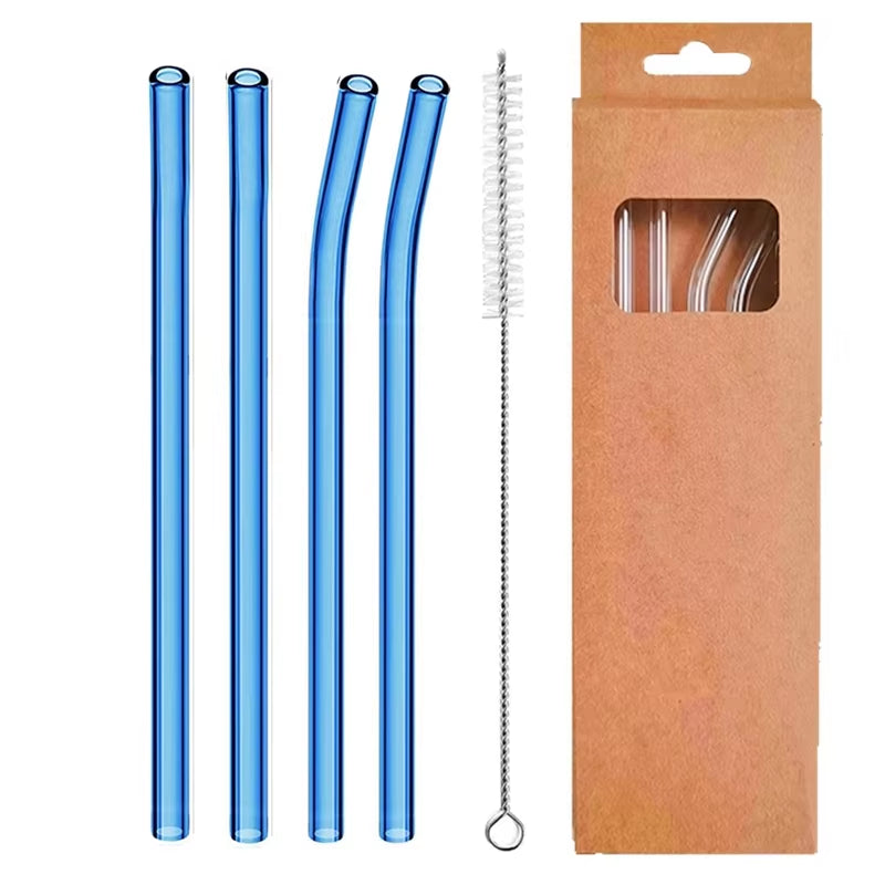 Set of 4 Eco-Friendly Reusable Glass Drinking Straws - 8mm Straight & Bent for Cocktails, Milk, and Coffee