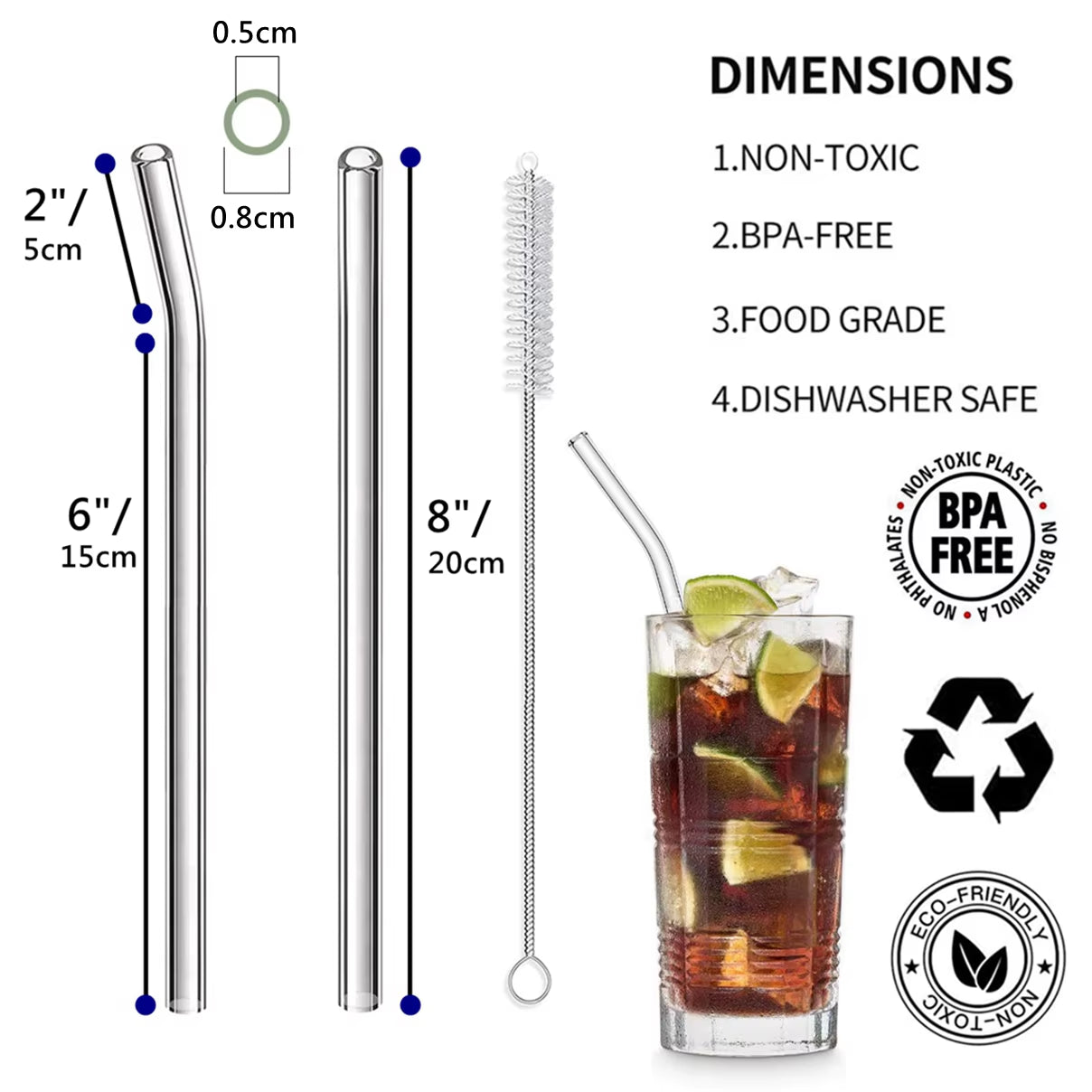 Vibrant 8-Pack Eco-Friendly Reusable Glass Straws - Perfect for Smoothies, Milkshakes, Tea, Juice, and Cocktails!