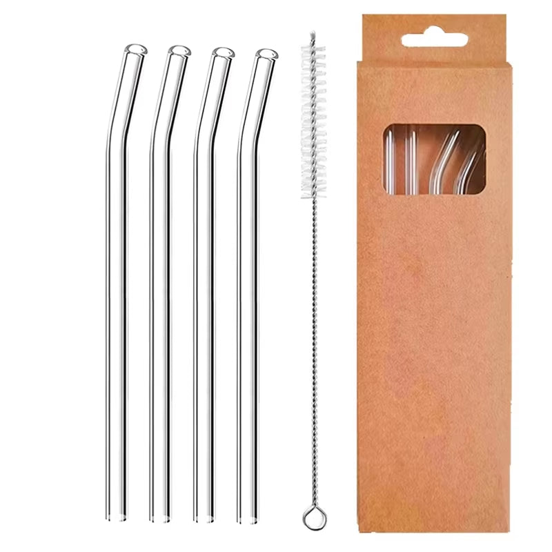 Set of 4 Eco-Friendly Reusable Glass Drinking Straws - 8mm Straight & Bent for Cocktails, Milk, and Coffee