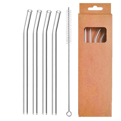 Set of 4 Eco-Friendly Reusable Glass Drinking Straws - 8mm Straight & Bent for Cocktails, Milk, and Coffee