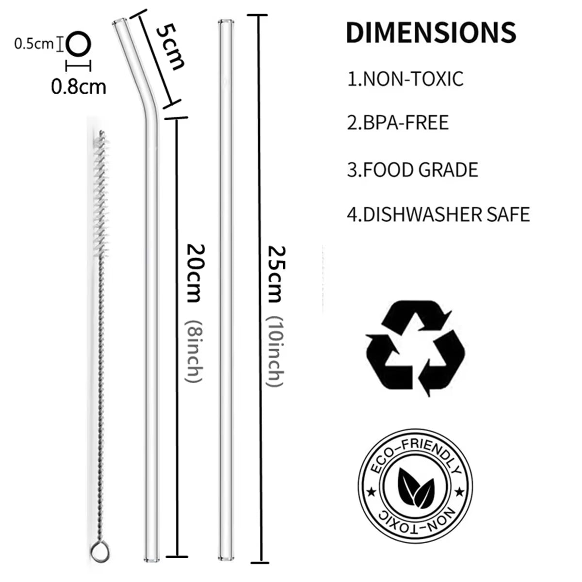 8Mmx250Mm Glass Drinking Straws Long Reusable Glass Straws for Bottles Eco-Friendly Cocktail Straws Bar Party Smoothie Drinkware