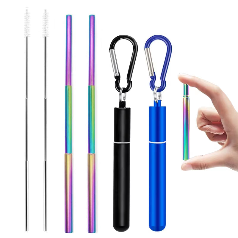 Eco-Friendly Reusable Telescopic Stainless Steel Straw Set with Cleaning Brush & Travel Case - Perfect for On-the-Go!