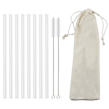 Reusable High Borosilicate Glass Straw Set - 200mm Smoothie & Cocktail Straws with Clear Cleaning Brush - Eco-Friendly and Healthy Drinking Solution