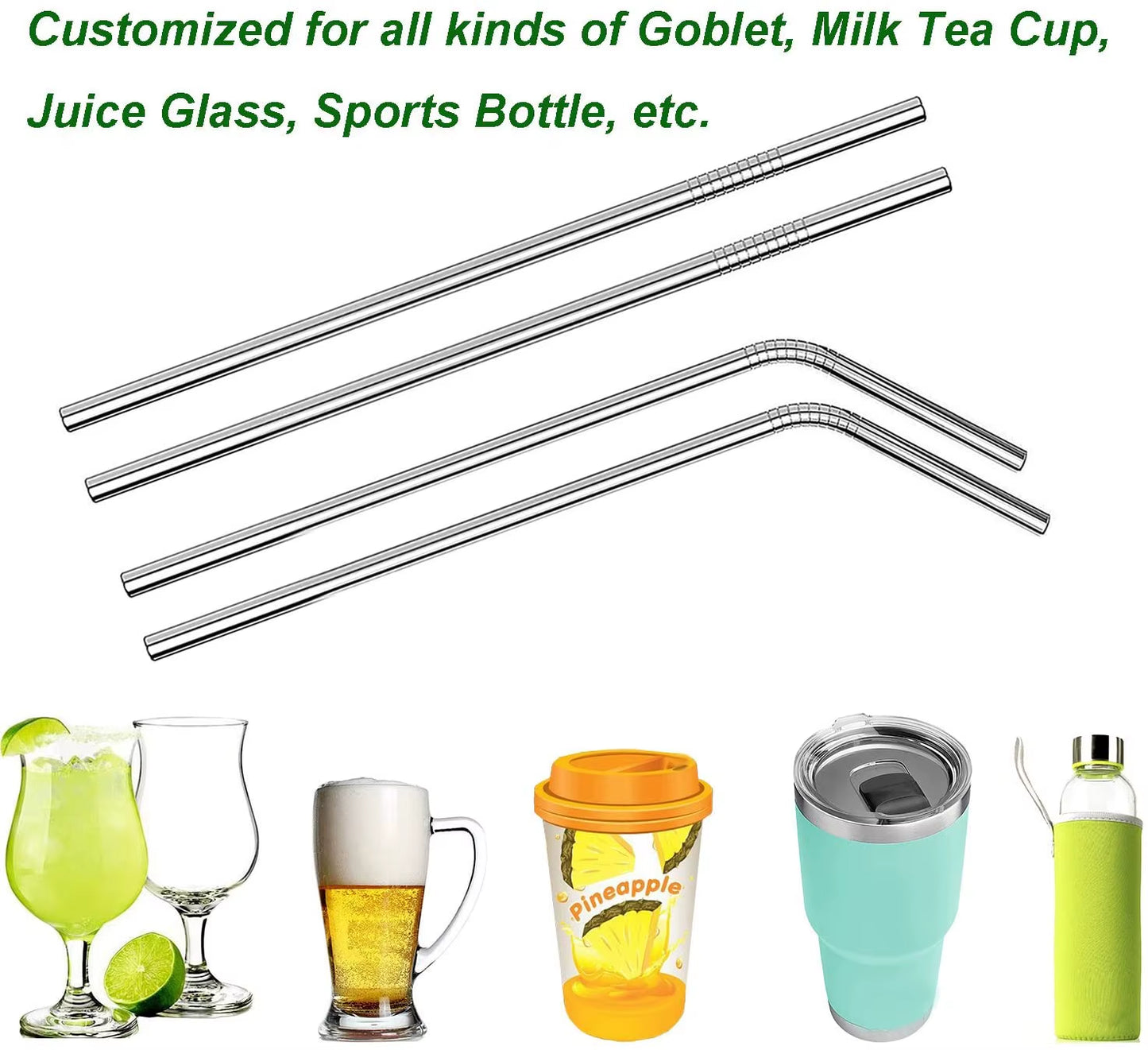 Eco-Friendly 8-Pack Stainless Steel Drinking Straws with Cleaner Brushes - Perfect for Cocktails and Bars!