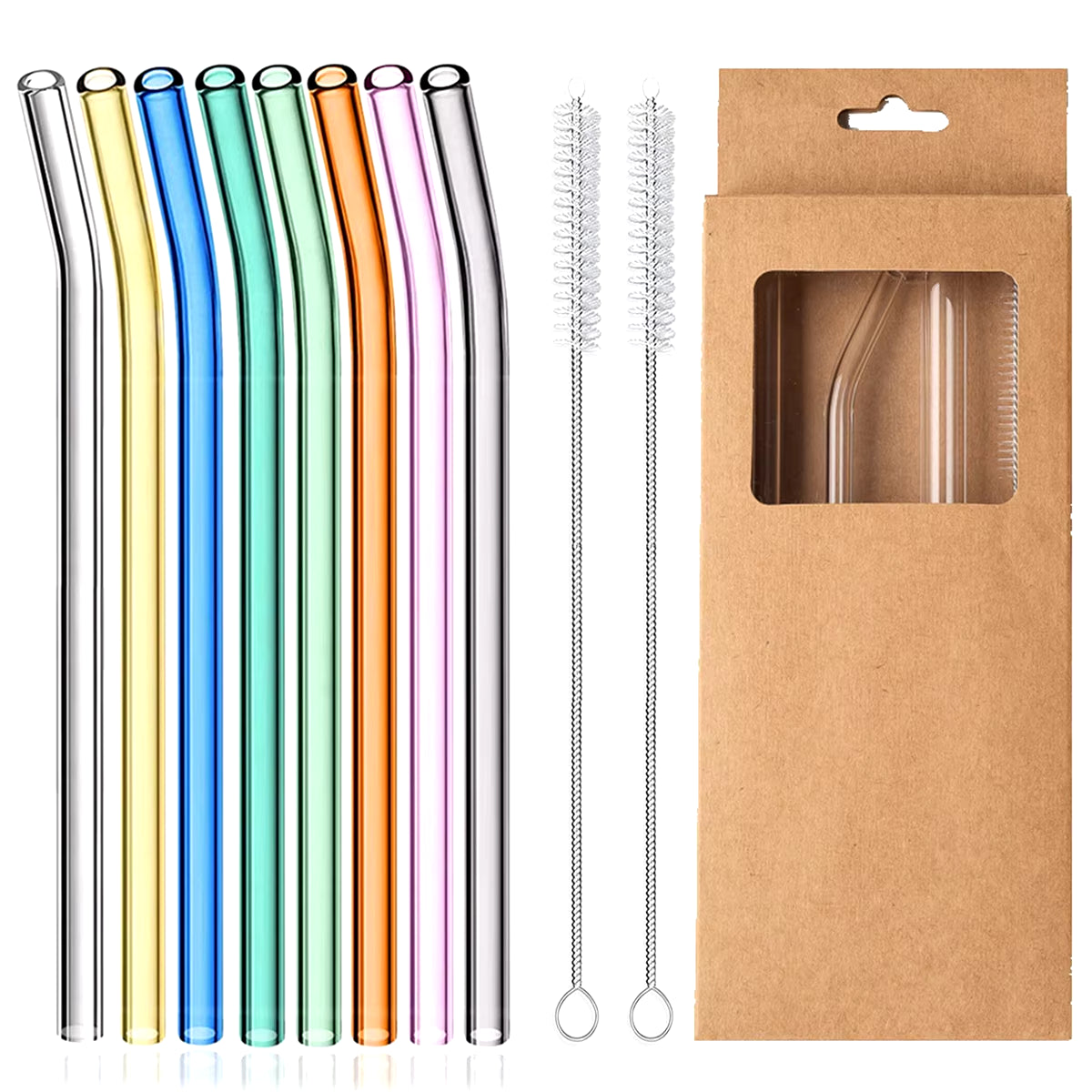 8 Colors Reusable Glass Straws 8Mm Straight Bent Glass Drinking Straws Eco Friendly Glass Straws for Beverages Milk Cocktail