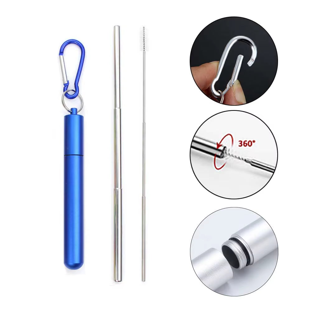 Eco-Friendly Reusable Telescopic Stainless Steel Straw Set with Cleaning Brush & Travel Case - Perfect for On-the-Go!