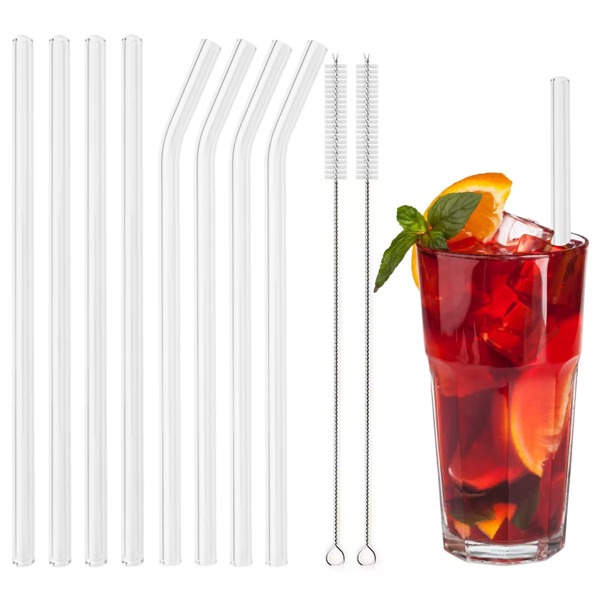 Reusable High Borosilicate Glass Straw Set - 200mm Smoothie & Cocktail Straws with Clear Cleaning Brush - Eco-Friendly and Healthy Drinking Solution