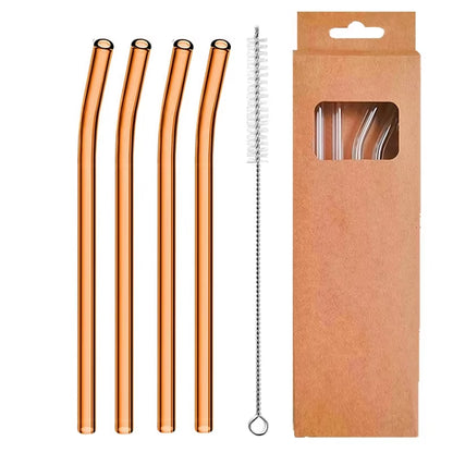 Set of 4 Eco-Friendly Reusable Glass Straws - 8mm Straight & Bent Cocktail Straws for Beverages, Milk, and Coffee