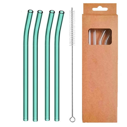 Set of 4 Eco-Friendly Reusable Glass Drinking Straws - 8mm Straight & Bent for Cocktails, Milk, and Coffee