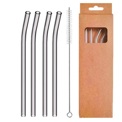 Set of 4 Eco-Friendly Reusable Glass Drinking Straws - 8mm Straight & Bent for Cocktails, Milk, and Coffee