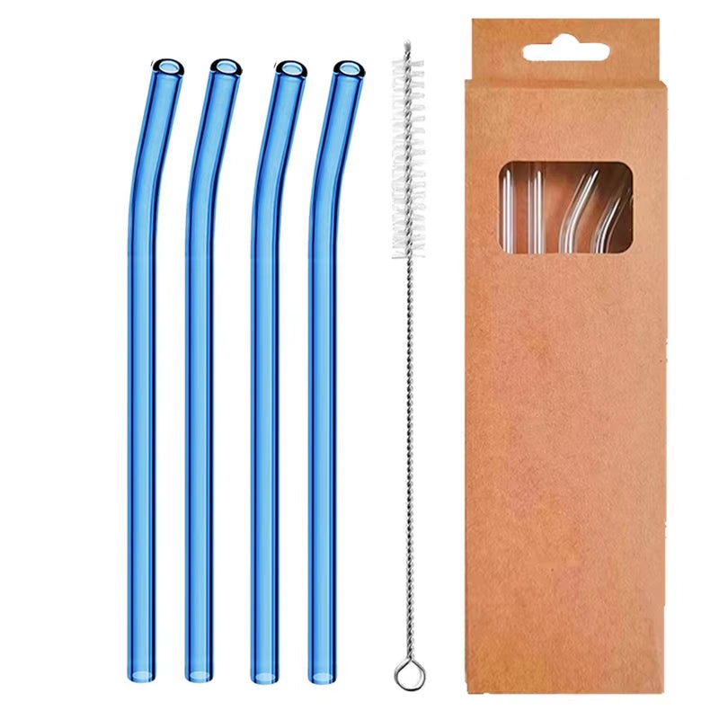 Set of 4 Eco-Friendly Reusable Glass Drinking Straws - 8mm Straight & Bent for Cocktails, Milk, and Coffee