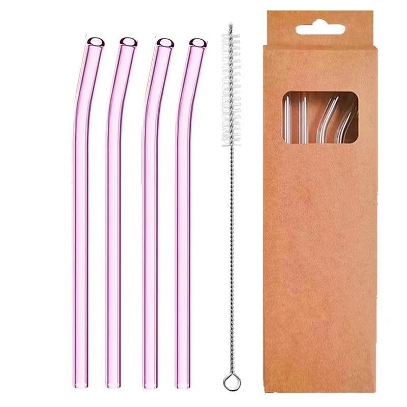 Set of 4 Eco-Friendly Reusable Glass Drinking Straws - 8mm Straight & Bent for Cocktails, Milk, and Coffee