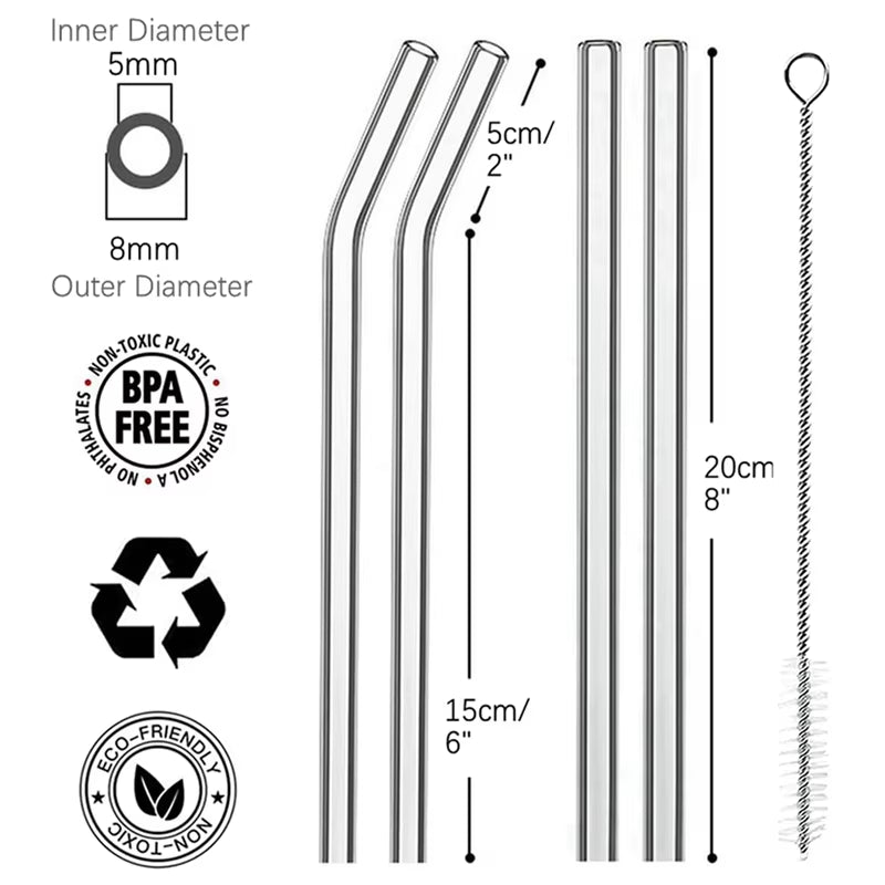 Set of 4 Eco-Friendly Reusable Glass Drinking Straws - 8mm Straight & Bent for Cocktails, Milk, and Coffee