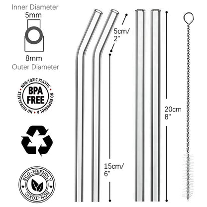 Set of 4 Eco-Friendly Reusable Glass Drinking Straws - 8mm Straight & Bent for Cocktails, Milk, and Coffee