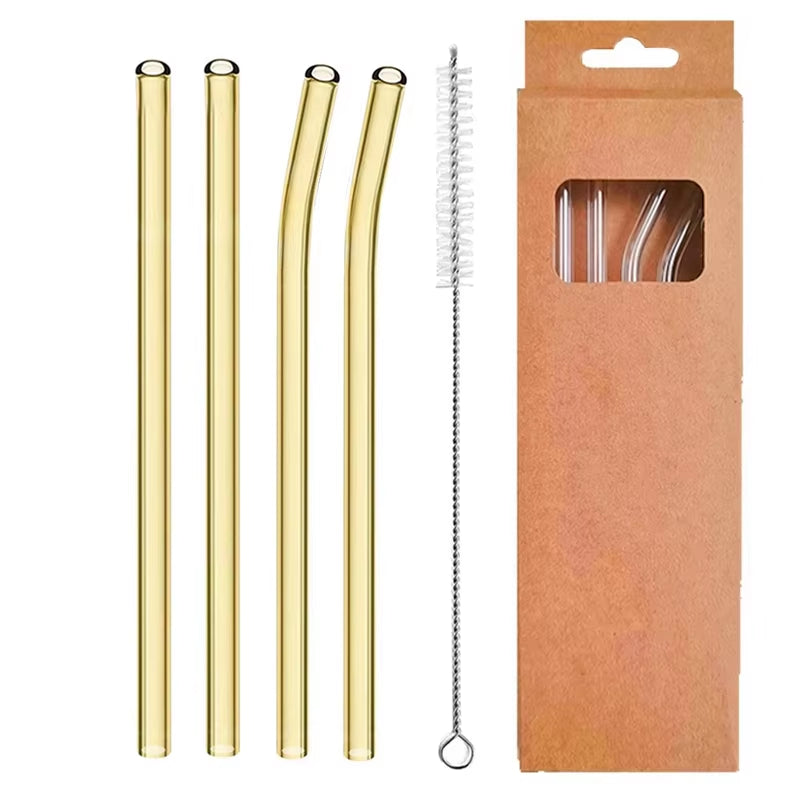 Set of 4 Eco-Friendly Reusable Glass Drinking Straws - 8mm Straight & Bent for Cocktails, Milk, and Coffee