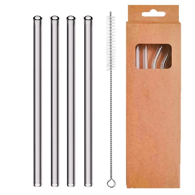 Set of 4 Eco-Friendly Reusable Glass Drinking Straws - 8mm Straight & Bent for Cocktails, Milk, and Coffee