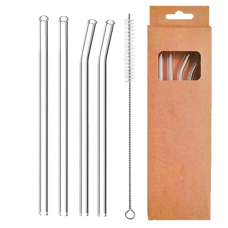 Set of 4 Eco-Friendly Reusable Glass Straws - 8mm Straight & Bent Cocktail Straws for Beverages, Milk, and Coffee