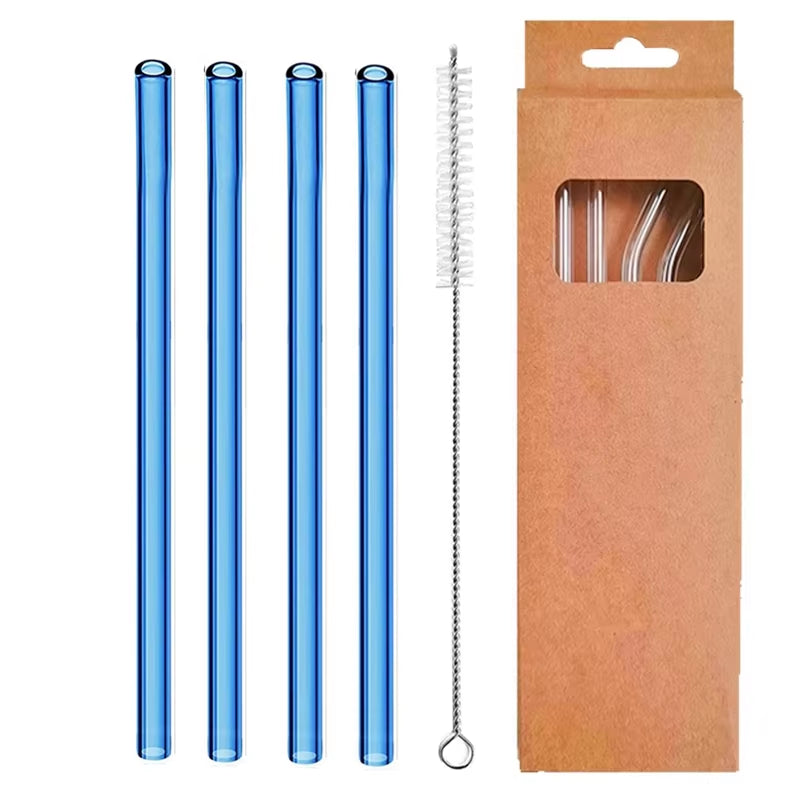 Set of 4 Eco-Friendly Reusable Glass Drinking Straws - 8mm Straight & Bent for Cocktails, Milk, and Coffee