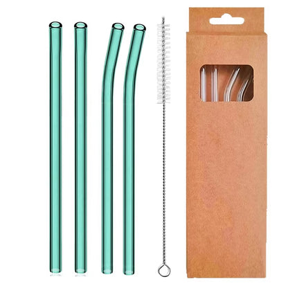 Set of 4 Eco-Friendly Reusable Glass Drinking Straws - 8mm Straight & Bent for Cocktails, Milk, and Coffee