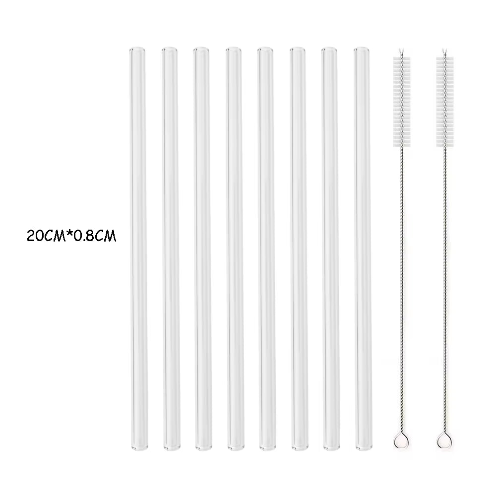 Reusable High Borosilicate Glass Straw Set - 200mm Smoothie & Cocktail Straws with Clear Cleaning Brush - Eco-Friendly and Healthy Drinking Solution