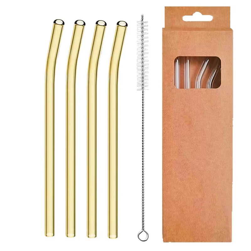 Set of 4 Eco-Friendly Reusable Glass Straws - 8mm Straight & Bent Cocktail Straws for Beverages, Milk, and Coffee