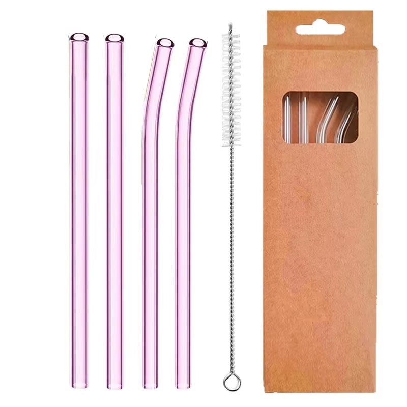 Set of 4 Eco-Friendly Reusable Glass Straws - 8mm Straight & Bent Cocktail Straws for Beverages, Milk, and Coffee