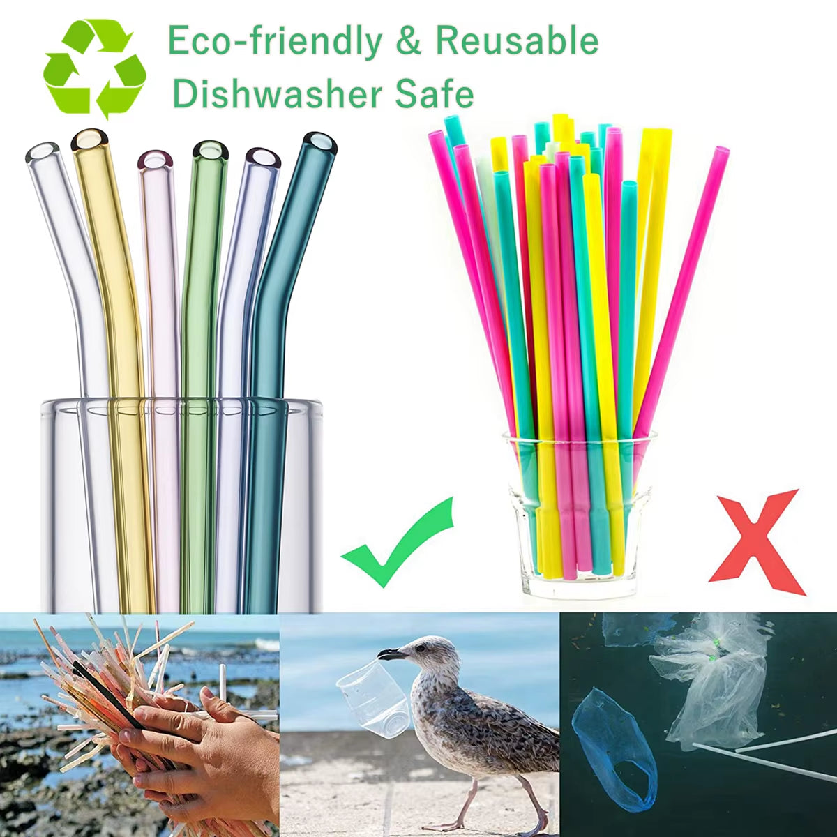 8 Colors Reusable Glass Straws 8Mm Straight Bent Glass Drinking Straws Eco Friendly Glass Straws for Beverages Milk Cocktail