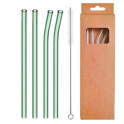 Set of 4 Eco-Friendly Reusable Glass Drinking Straws - 8mm Straight & Bent for Cocktails, Milk, and Coffee