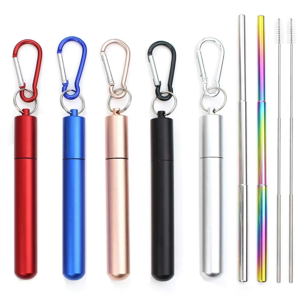 Eco-Friendly Reusable Telescopic Stainless Steel Straw Set with Cleaning Brush & Travel Case - Perfect for On-the-Go!