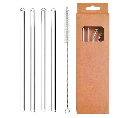 Set of 4 Eco-Friendly Reusable Glass Drinking Straws - 8mm Straight & Bent for Cocktails, Milk, and Coffee